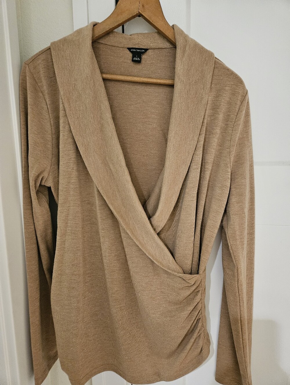 Ann Taylor Camel Ruched Wrap Shawl Collar Top